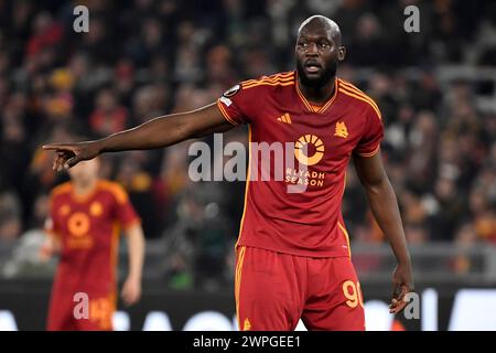 Rom, Italien. März 2024. Romelu Lukaku von AS Roma Gesten während des Europa League-Fußballspiels zwischen AS Roma und AS Roma gegen Brighton & Hove Albion FC, Europa League, Fußball im Olimpico-Stadion in Rom (Italien), 7. März 2024. Quelle: Insidefoto di andrea staccioli/Alamy Live News Stockfoto