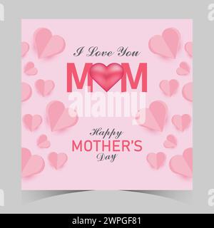 Webbanner zum Muttertag und Vorlage für Beiträge in sozialen Medien. Grußkarte zum Muttertag. Mutter Liebeszeichen mit Herz und Blumen fliegenden rosa Papierherzen Stock Vektor