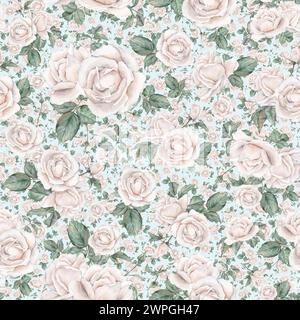 Nahtloses Muster in hellrosa Rosen. Helle cremefarbene Rosen. Sammlung von Gartenblumen und Blättern. Aquarell Handmalerei Illustration auf Stockfoto