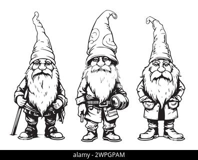 GNOME-Skizze. Niedliche Gartenzwerge skandinavische Zauberer, bärtiger Gärtner kleine Zwergfeen schwarze Vektor-Illustration, kommende nordische Elfenzwerge mit Stock Vektor