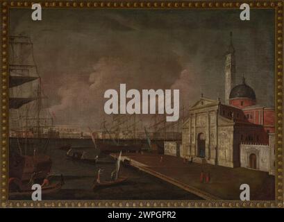 Ein Gemälde der Kirche San Giorgio Maggiore in Venedig von Pietro Bellotti, das zwischen 1742 und 1770 geschaffen wurde und die klassische Architektur und die umliegende Uferpromenade zeigt. Stockfoto