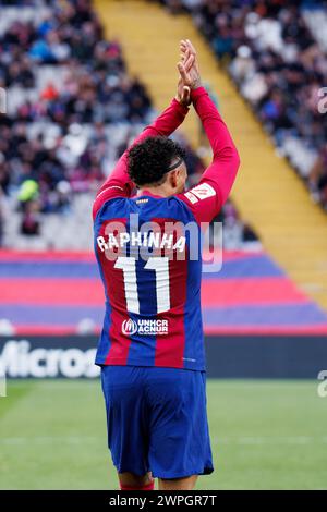 Barcelona, Spanien. Februar 2024. Raphinha spielte beim LaLiga EA Sports Spiel zwischen dem FC Barcelona und Getafe CF im Estadi Olimpic Lluis Stockfoto