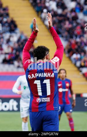 Barcelona, Spanien. Februar 2024. Raphinha spielte beim LaLiga EA Sports Spiel zwischen dem FC Barcelona und Getafe CF im Estadi Olimpic Lluis Stockfoto