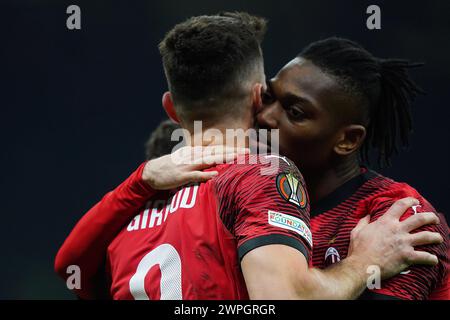 Mailand, Italien. März 2024. Olivier Giroud (AC Mailand) feiert, nachdem er 1-0 beim Fußball-Spiel der UEFA Europa League zwischen AC Mailand und Slavia Praga im San Siro Stadion in Mailand-Norditalien am Donnerstag, den 07. März 2024 erzielte. Sport - Fußball . (Foto: Spada/LaPresse) Credit: LaPresse/Alamy Live News Stockfoto