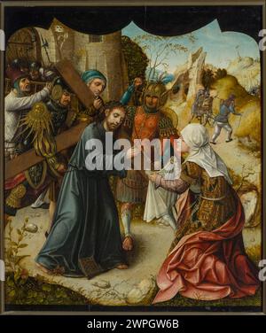 Ein niederländisches Gemälde eines unbekannten Künstlers aus dem 16. Jahrhundert, das Christus, der das Kreuz mit der Heiligen Weronika trägt, darstellt und Szenen aus dem Evangelium und dem Neuen Testament in einem religiösen Kontext illustriert. Stockfoto