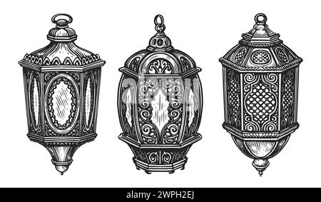 Ramadan-Laternen-Set. Islamische Lampe. Handgezeichnete Skizze Vintage Vektor Illustration Stock Vektor