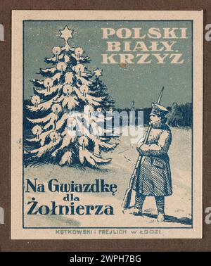 1920 Case-Druck von Kotkowski und Frejlich, Łódź, zeigt einen Weihnachtsbaum, einen Soldaten und die Inschrift „Polnisches weißes Kreuz für einen Stern für einen Soldaten“, die polnische patriotische Symbolik widerspiegelt. Stockfoto