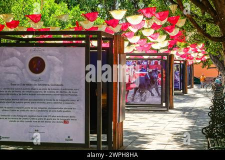 Eine Ausstellung mit Fotos von Stadtfesten unter farbenfrohen Papierkopffahnen schmücken den ruhigen Jardin de Salvatierra Park im zentralen historischen Viertel von Salvatierra, Guanajuato, Mexiko. Stockfoto