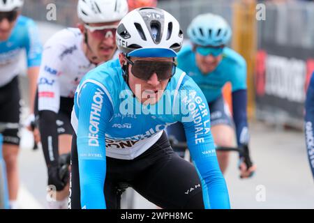 Giulianova, Italien. März 2024. Nicolas Prodhomme vom Decathlon AG2R La Mondiale Team in Aktion während des 59. Tirreno-Adriatico 2024, Stage 4 von Arrone nach Giulianova. Quelle: SOPA Images Limited/Alamy Live News Stockfoto