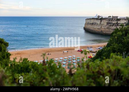 Malerischer Blick auf den Strand und die Klippe unserer Lieben Frau vom Felsen (Praia de Nossa Senhora da Rocha). Veranden, Algarve, Portugal. Stockfoto