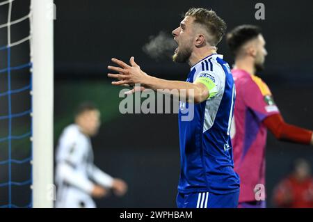 Zagreb, Kroatien. März 2024. ZAGREB, KROATIEN - 7. MÄRZ: Stefan Ristovski von Dinamo Zagreb feiert beim Achtelfinale der UEFA Europa Conference League 2023/24 im Maksimir-Stadion am 7. März 2024 in Zagreb, Kroatien. Foto: Marko Lukunic/PIXSELL Credit: Pixsell/Alamy Live News Stockfoto