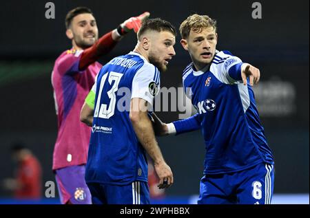 Zagreb, Kroatien. März 2024. ZAGREB, KROATIEN - 7. MÄRZ: Stefan Ristovski Maxime Bernauer von Dinamo Zagreb reagiert auf das Achtelfinale der UEFA Europa Conference League 2023/24 zwischen Dinamo Zagreb und PAOK Saloniki im Maksimir-Stadion am 7. März 2024 in Zagreb. Foto: Marko Lukunic/PIXSELL Credit: Pixsell/Alamy Live News Stockfoto