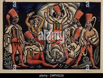 Ein 1919 erschienener Druck von Władysław Skoczylas mit dem Titel „Tanz der Räuber“, der Figuren in dynamischer Bewegung zeigt, die in Holzschnitttechnik ausgeführt wurden. Stockfoto