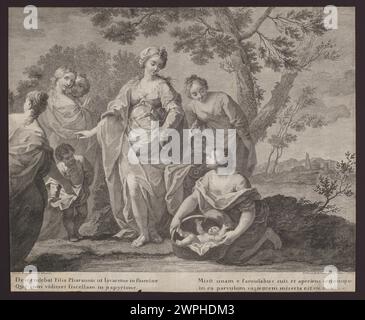 Abbildung der biblischen Szene von Moses, die Giovanni Volpato, Jacopo Amiconi und Francesco Bartolozzi um 1763 geschaffen hat, mit Figuren und Umgebung. Stockfoto