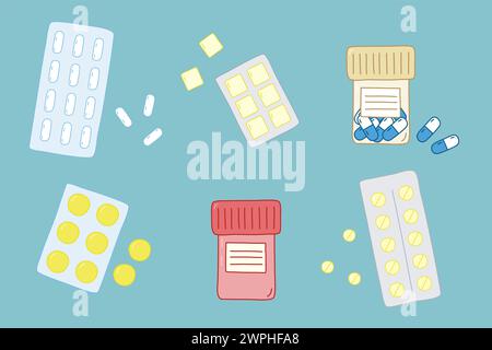 Satz von verschiedenen Pillen in Verpackungen und Flaschen, Erkältungs- und Grippemedikament Design Element, Vektor-Illustration Stock Vektor