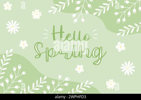 Hallo Frühling Hintergrund oder Grußkarte mit Zweigen, Blumen und Blättern, grüne und weiße Farben, Vektorillustration Stock Vektor