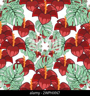 Tropisches nahtloses Muster mit Monsterablättern und exotischen Blumen Vektor Illustration Stock Vektor