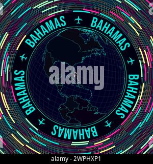 Bahamas auf der ganzen Welt. Satellitenansicht der Welt im Zentrum der Bahamas. Leuchtender Neonstil. Futuristischer Radialziegelhintergrund. Moderne Vektorillustration. Stock Vektor