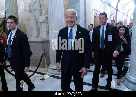 Washington, Vereinigte Staaten. März 2024. US-Präsident Joe Biden kommt auf dem Capitol Hill in Washington, DC, um die Rede zur Lage der Union am 7. März 2024 zu halten. Kredit: Chris Kleponis/Pool über CNP/dpa/Alamy Live News Stockfoto