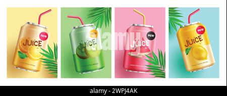 Sommer Saft Getränk Vektor Set Design. Saftgetränk in Dosenkollektion mit Orangen-, Kiwi-, Wassermelonen- und Saftaromen für realistische 3D-Limonade im Sommer Stock Vektor