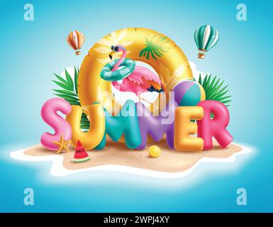 3D-Text-Vektor-Design für den Sommer. Sommergruß farbenfroher Text mit Flamingo, Sonnenbrille und Schwimmer im Sandinsel-Strandkonzept. Stock Vektor