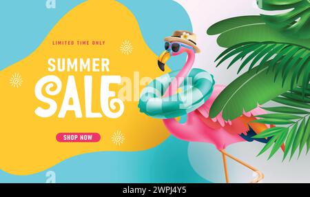 Sommer Sale Text Vektor Banner Design. Sonderangebot im Sommer mit Flamingoelementen für tropische Einkäufe Stock Vektor