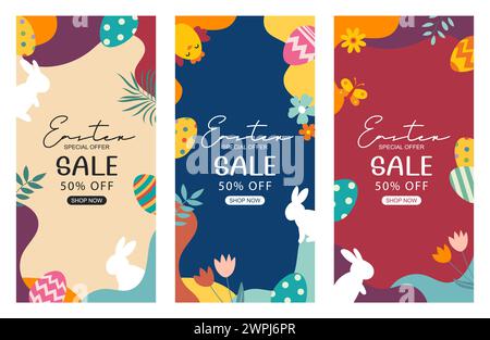 Ostereier Sale Banner Design Vorlage mit bunten Eiern. Verwendung für soziale Medien, Werbung, Flyer, Poster, Broschüren, Gutscheinrabatt. Stock Vektor