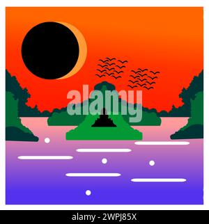 Landschaft mit Bergen und Fluss. Vektorabbildung in abgewickelter Form. Stock Vektor