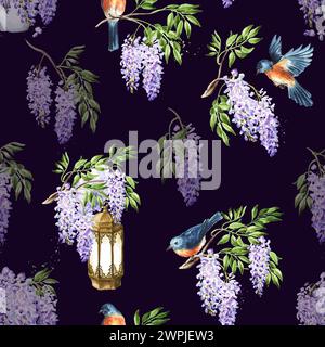 Wisterienblüten. Handgezeichnetes nahtloses Aquarellmuster Stockfoto