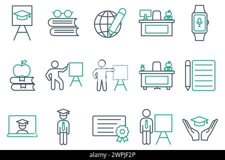 Bildungssymbole. Lehrer, Lehrerpult, Abschlussmütze, Bleistift und Notizblock, Buch, Student. Set von Symbolen, die sich auf die Ausbildung beziehen. Liniensymbolstil. Navigieren Stock Vektor