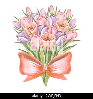 Tulpenstrauß mit Seidenschleife. Isolierte handgezeichnete Aquarellillustration. Blüte Frühlingsgarten Blumen. Blumendiagramm für Karte von M Stockfoto