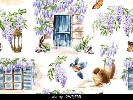 Wisteria Frühlingsblumen mit architektonischen Elementen. Hand gezeichnetes nahtloses Aquarellmuster isoliert auf weißem Hintergrund Stockfoto