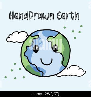 Eine Zeichentrickzeichnung einer lächelnden Erde mit den Worten Hand gezeichnete Erde darunter. Die Zeichnung ist farbenfroh und fröhlich und vermittelt ein Gefühl von Posen Stock Vektor