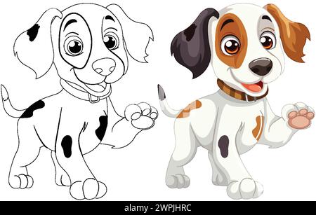 Zwei Zeichentrickhunde lächeln, einer farbig und einer umrissen. Stock Vektor