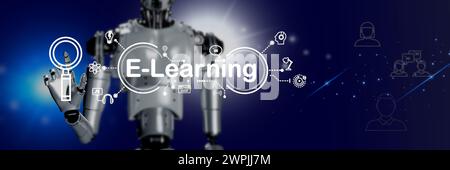 3D-Roboterrendern künstliche Intelligenz mit Element Digital Icon e Learning on Blue, Technologiekonzept Stockfoto
