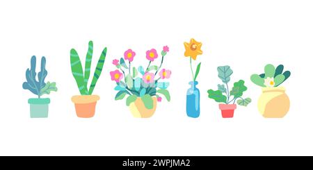 Botanisches Set von Frühlings-Innenpflanzen. Blumen und Blätter im Topf. Blühende Pflanzen. Blühende Blumen und Laub. Flache grafische Vektorillustration auf weißem Hintergrund. Bunte handgezeichnete Illustration. Stock Vektor