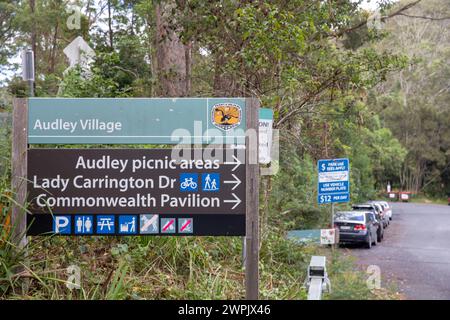 Das Audley Village und die Nationalparks sind im Royal National Park, Sydney, NSW, Australien unterzeichnet Stockfoto