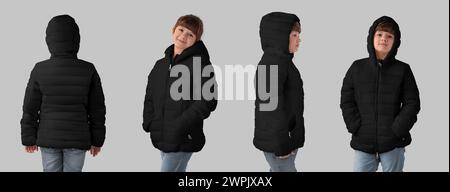 Modell einer schwarzen Pufferjacke auf einem Mädchen, ein Set warmer Kinderkleidung, Vorder-, Seiten-, Rückansicht, für Design, Muster, Branding. Vorlage für trendy Stockfoto