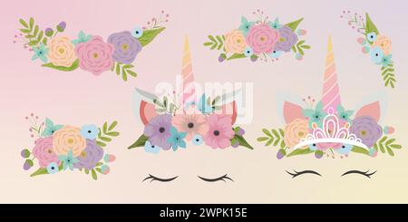 Einhorn Gesichtselemente Set Cartoon flache Design Ohren und Horn Vektor Illustration isoliert. Einhorn-Maskenfilter mit Blume und goldener Krone. Stock Vektor