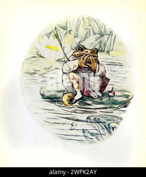 The Tale of Mr. Jeremy Fisher von Beatrix Potter, The Tale of Mr. Jeremy Fisher ist ein Kinderbuch, das von Beatrix Potter geschrieben und illustriert wurde. Es wurde im Juli 1906 von Frederick warne & Co. Veröffentlicht. Jeremy Fisher ist ein Frosch, der in einem „schlüpfrigen“ Haus am Rande eines Teichs lebt. An einem regnerischen Tag sammelt er Würmer zum Angeln und macht sich auf seinem Seerosenboot über den Teich. Er will seine Freunde zum Essen einladen, wenn er mehr als fünf Minnows fängt. Er stößt auf alle möglichen Rückschläge auf sein Ziel und entkommt einer großen Forelle, die versucht, ihn zu schlucken. Er schwimmt zum Ufer, entscheidet sich für ihn Stockfoto