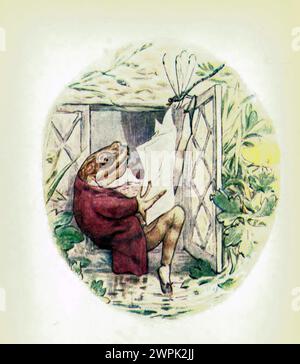 The Tale of Mr. Jeremy Fisher von Beatrix Potter, The Tale of Mr. Jeremy Fisher ist ein Kinderbuch, das von Beatrix Potter geschrieben und illustriert wurde. Es wurde im Juli 1906 von Frederick warne & Co. Veröffentlicht. Jeremy Fisher ist ein Frosch, der in einem „schlüpfrigen“ Haus am Rande eines Teichs lebt. An einem regnerischen Tag sammelt er Würmer zum Angeln und macht sich auf seinem Seerosenboot über den Teich. Er will seine Freunde zum Essen einladen, wenn er mehr als fünf Minnows fängt. Er stößt auf alle möglichen Rückschläge auf sein Ziel und entkommt einer großen Forelle, die versucht, ihn zu schlucken. Er schwimmt zum Ufer, entscheidet sich für ihn Stockfoto