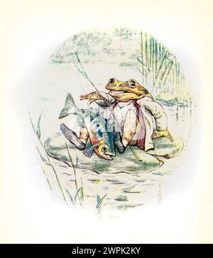 Die Geschichte von Mr. Jeremy Fisher von Beatrix Potter, die Geschichte von Mr. Jeremy Fisher ist ein Kinderbuch, geschrieben und illustriert von Beatrix Potter. Es wurde im Juli 1906 von Frederick warne & Co. Veröffentlicht. Jeremy Fisher ist ein Frosch, der in einem „schlüpfrigen“ Haus am Rande eines Teichs lebt. An einem regnerischen Tag sammelt er Würmer zum Angeln und macht sich auf seinem Seerosenboot über den Teich. Er will seine Freunde zum Essen einladen, wenn er mehr als fünf Minnows fängt. Er stößt auf alle möglichen Rückschläge auf sein Ziel und entkommt einer großen Forelle, die versucht, zu s Stockfoto