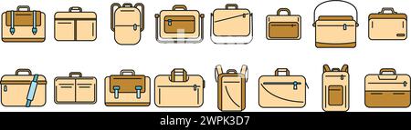 Symbole für Laptoptaschen setzen Konturvektor. Computergehäuse. Farblinie Schultergepäck isoliert Stock Vektor