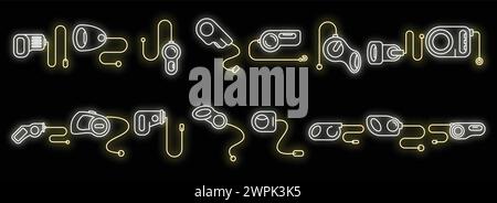 Symbole für die einziehbare Hundeleine legen den Konturvektor fest. Tierleder. Karabinerzubehör, Neon isoliert Stock Vektor