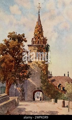 Die alte Kirche in La Tour de Peilz. Montreux, gemalt von J. Hardwicke-Lewis und Mary Hardwicke-Lewis, ist eine Schweizer Gemeinde und Stadt am Ufer des Genfer Sees am Fuße der Alpen. Sie gehört zum Bezirk Riviera-Pays-d'Enhaut im Kanton Waadt in der Schweiz. Stockfoto