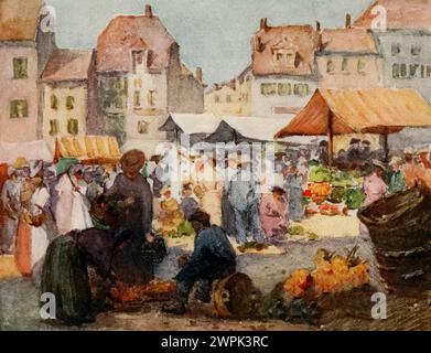 Der Marktplatz, Vevey. Montreux, gemalt von J. Hardwicke-Lewis und Mary Hardwicke-Lewis, ist eine Schweizer Gemeinde und Stadt am Ufer des Genfer Sees am Fuße der Alpen. Sie gehört zum Bezirk Riviera-Pays-d'Enhaut im Kanton Waadt in der Schweiz. Stockfoto