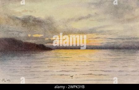 Sonnenuntergang auf dem See. Montreux, gemalt von J. Hardwicke-Lewis und Mary Hardwicke-Lewis, ist eine Schweizer Gemeinde und Stadt am Ufer des Genfer Sees am Fuße der Alpen. Sie gehört zum Bezirk Riviera-Pays-d'Enhaut im Kanton Waadt in der Schweiz. Stockfoto