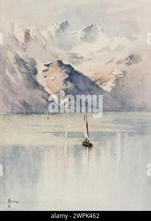 Die Dents d'Oche, Savoyer Alpen. Montreux, gemalt von J. Hardwicke-Lewis und Mary Hardwicke-Lewis, ist eine Schweizer Gemeinde und Stadt am Ufer des Genfer Sees am Fuße der Alpen. Sie gehört zum Bezirk Riviera-Pays-d'Enhaut im Kanton Waadt in der Schweiz. Stockfoto