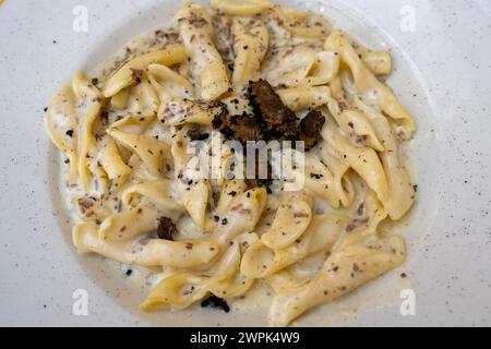fuzi istrische Nudeln mit schwarzer Trüffel Tartufo-Maische und Sahne traditionelle Gerichte in Rovinj Kroatien . Stockfoto