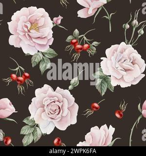 Rosafarbene Blüten mit Knospen, roten Beeren und grünen Blättern, viktorianischer Stil, nahtloses Aquarellmuster auf dunklem Hintergrund. Für den Einsatz in der Konstruktion, Fab Stockfoto